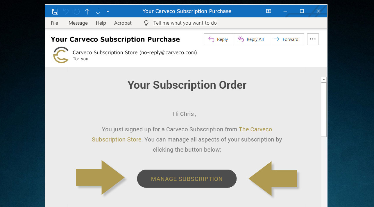 Carveco subscription order email example
