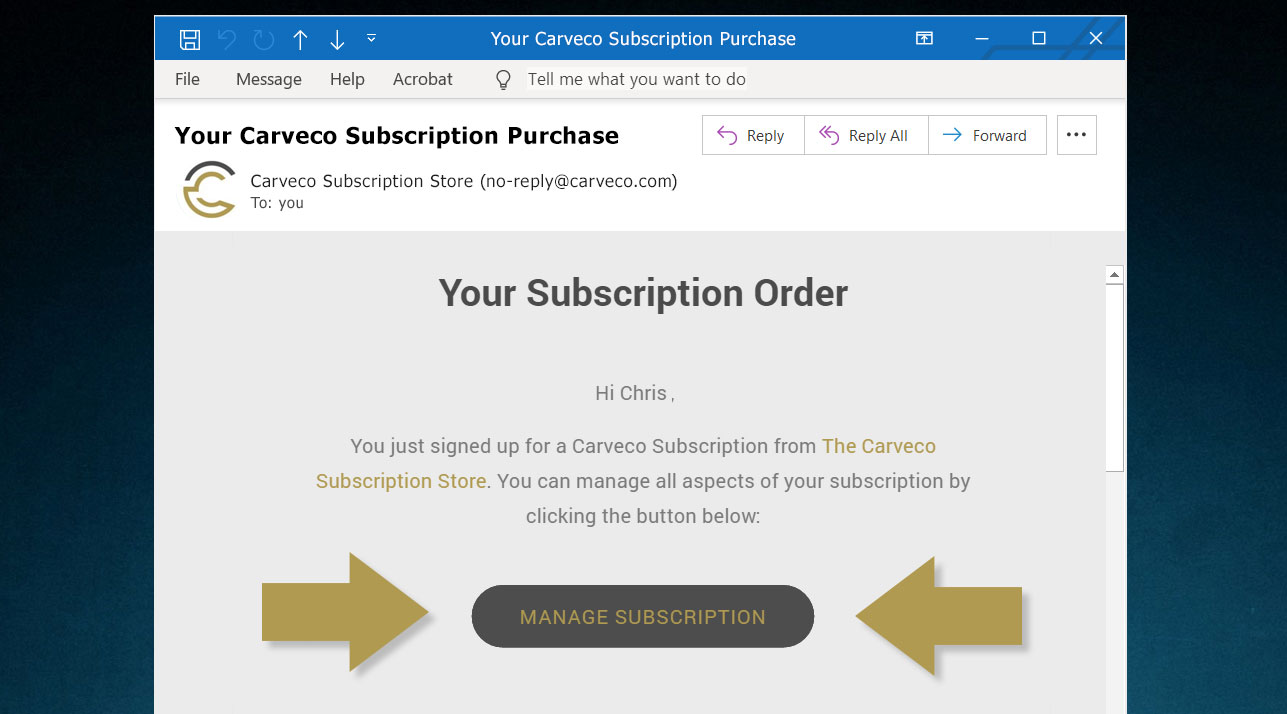 Carveco Subscription Order email example Carveco subscription order email example