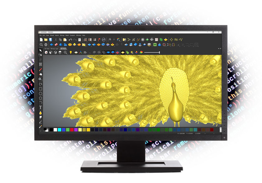 screen-with-code 3D model on a monitor with computer code in the background