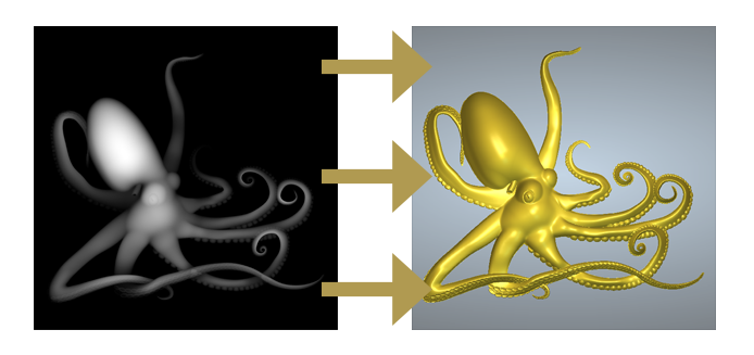 greyscale-relief 3D octopud relief model from a grayscale image