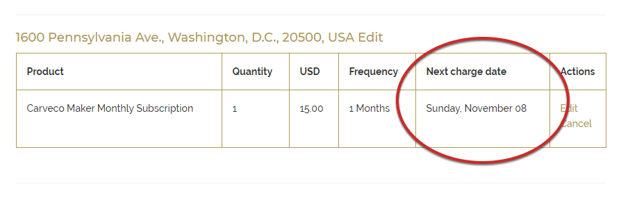 Upcoming charges for your Carveco Subscription