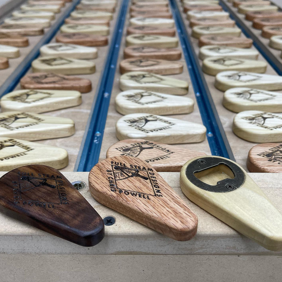 Bottle openers made with Carveco by Full Steam Designs
