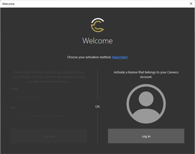 Carveco software activation dialog - Carveco account