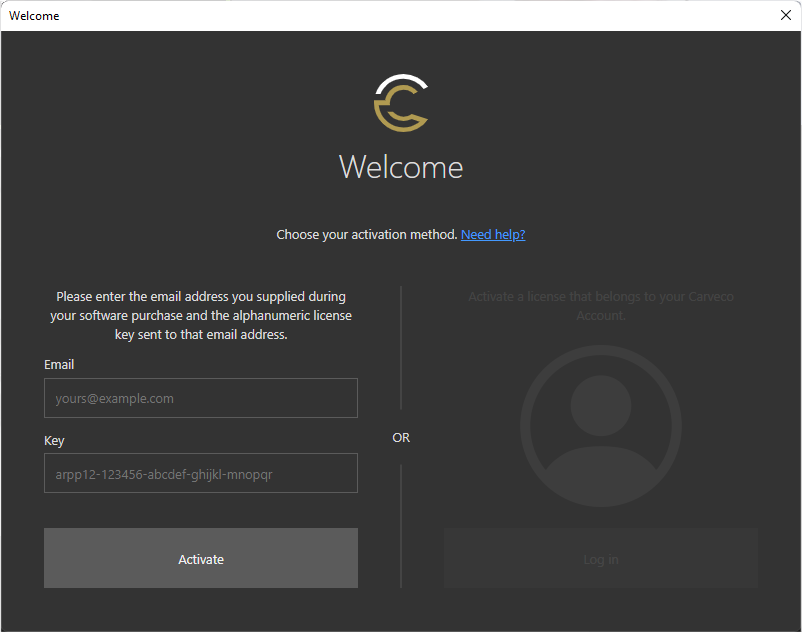 activation-dialog-alpha Carveco software activation dialog - Email and Alphanumeric Key