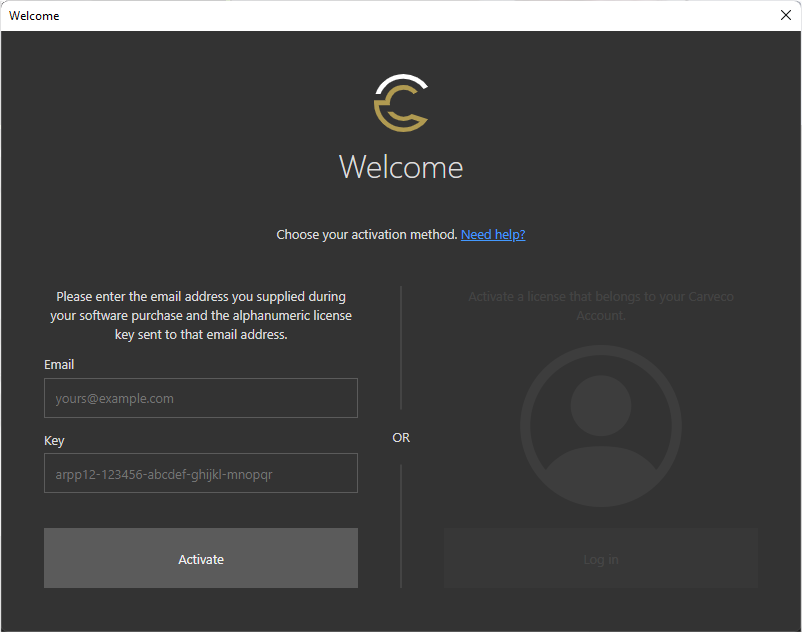 Carveco software activation dialog - Email and Alphanumeric Key