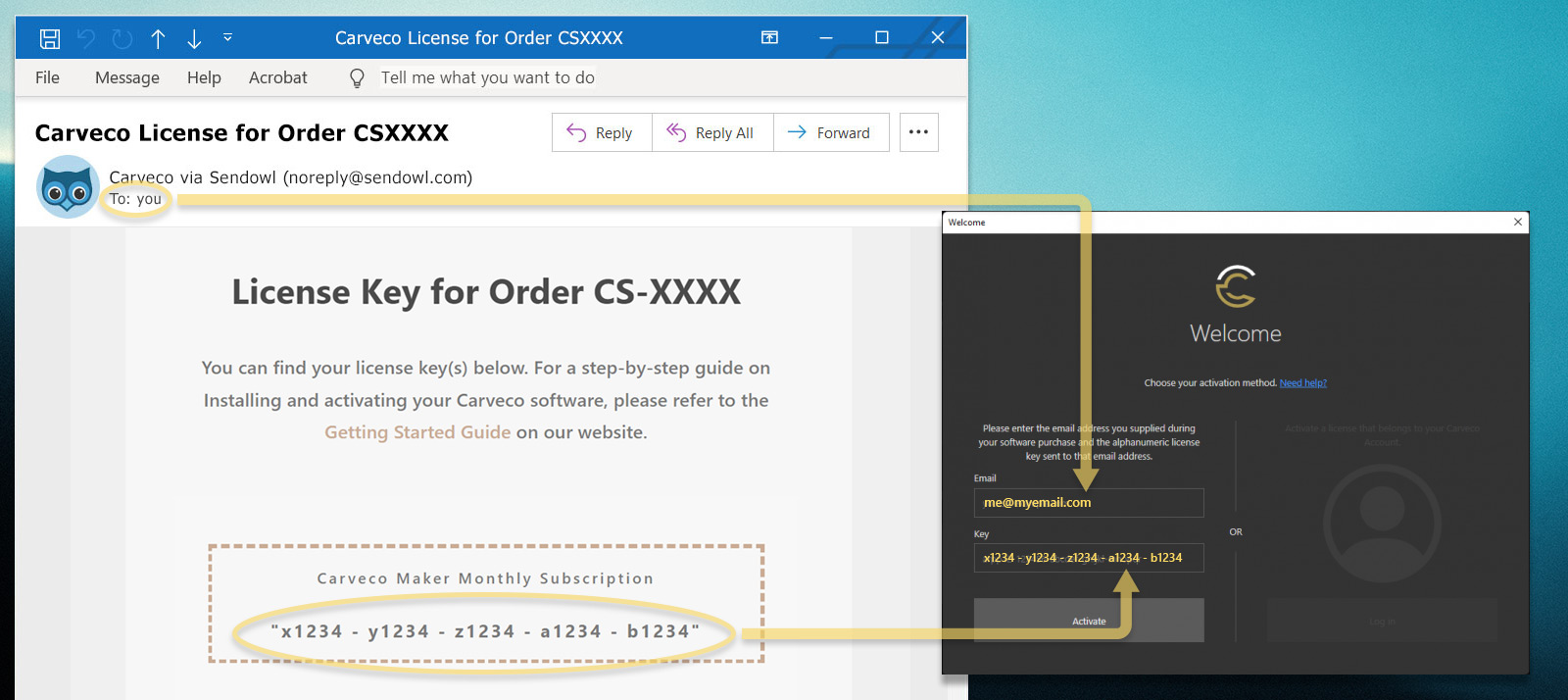 Using your purchase details to activate your Carveco Software