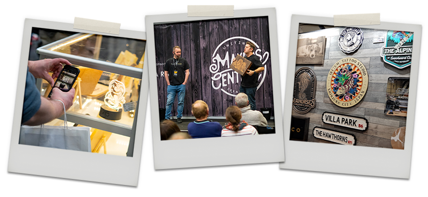 Three polaroid style pictures. Picture 1 shows a pair of hands reaching into frame to take a photo of an LED Light displayed in a display cabinet. Picture 2 shows Rob and Leighton from Carveco on stage talking to an audience. Picture 3 shows a wall decorated with ten different colorful signs.