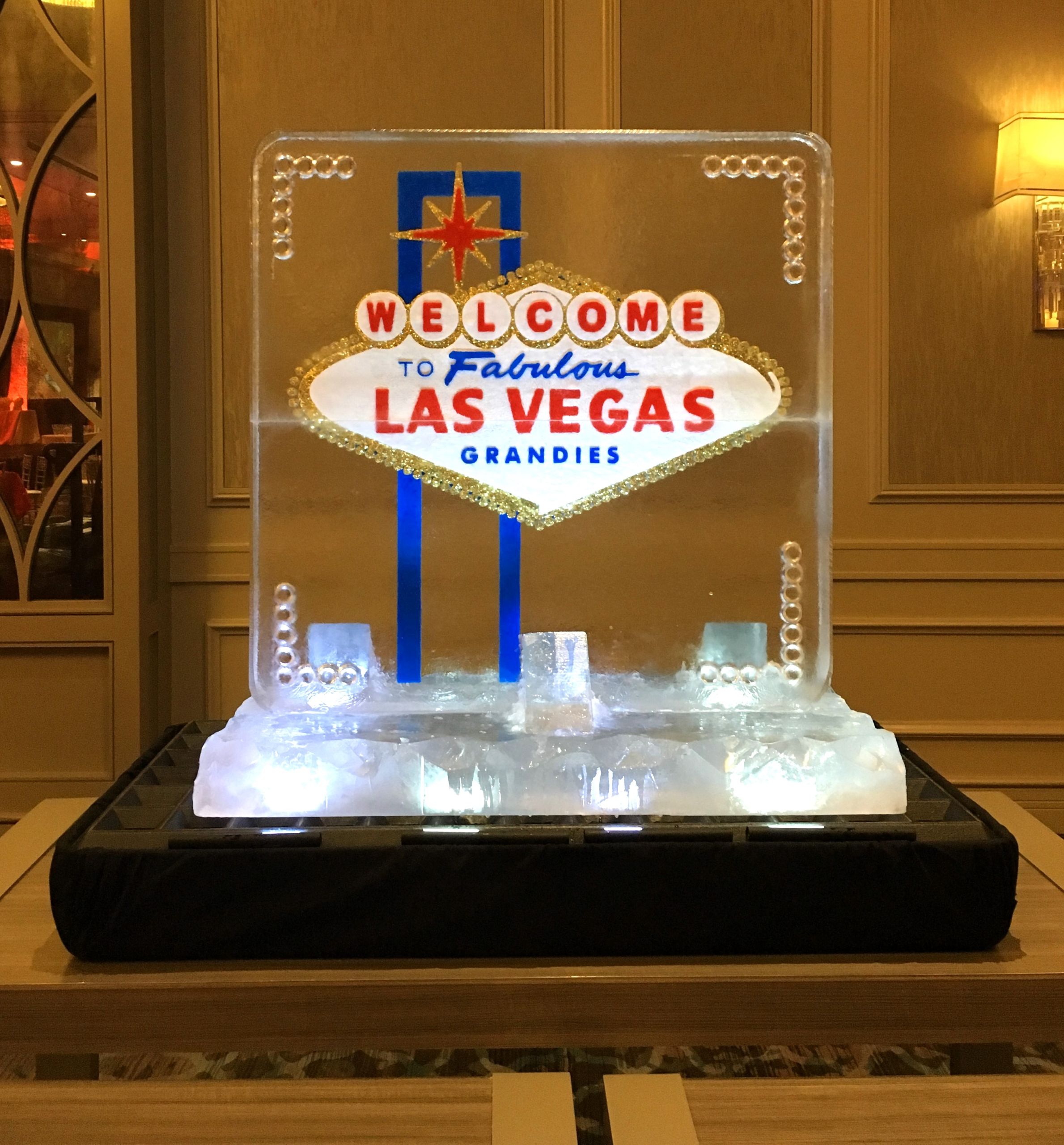 'Welcome to Las Vegas' art ice sculpture with colour