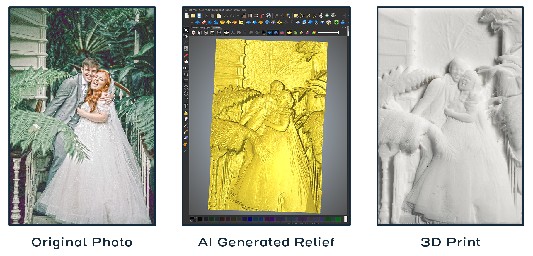 Lucy Graphic An image of Lucy Edwards and her husband on their wedding day is on the right. Then an image of the 3D AI generated relief in Carveco's software is in the middle and the final result of the 3D printed tactile relief is on the left.