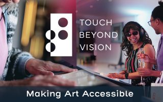 Visitors at the OXO2 Gallery in London explore the tactile artwork on display with their fingertips. The Touch Beyond Vision logo is overlayed with the words "Making Art Accessible"