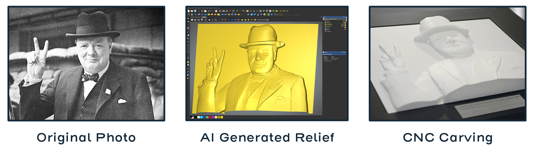 Winston Graphic An image of Winston Churchill is on the right, followed by a 3D AI generated relief of the same image in Carveco's software. Finally the finished piece is on the left - a CNC carved plaster version of the relief.
